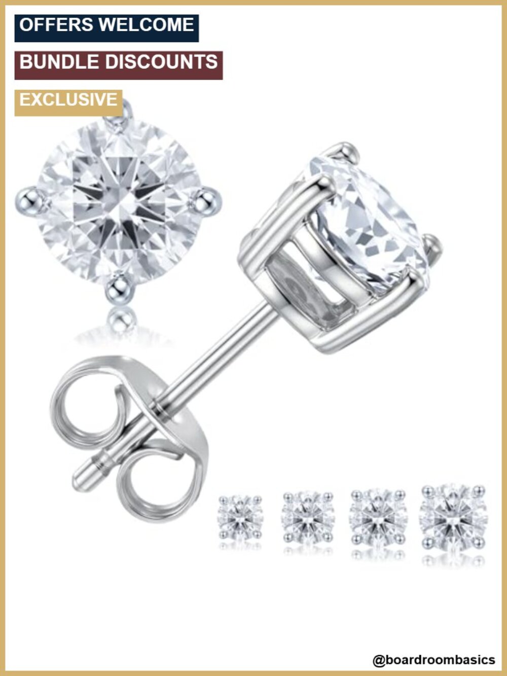 Silver Round Cut Diamond Stud Earrings 4-Prong Dainty Lightweight